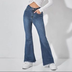 FREE SHIPPING SHEIN PETITE High Waist Raw Hem Flare Leg Jeans